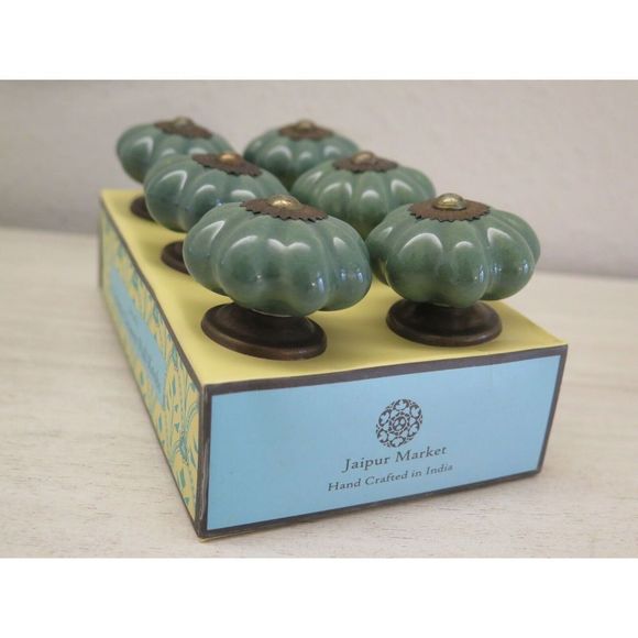 Jaipur Market Green Ceramic Drawer Knobs, Set Of 6 - Picture 3 of 7